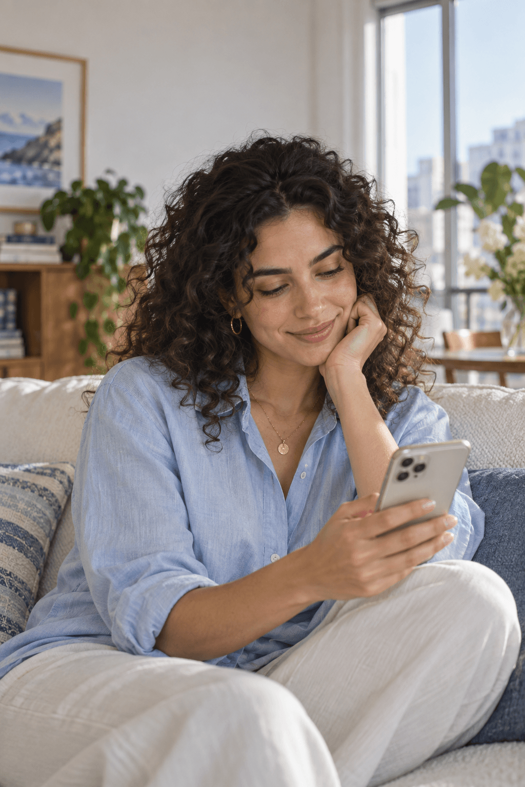 A creator thoughtfully replying on her phone at home