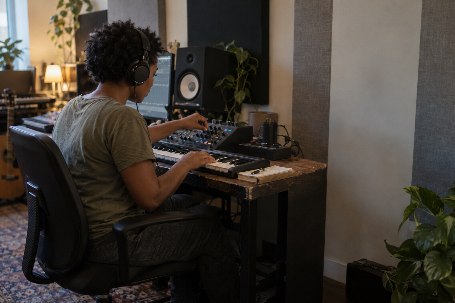 Music producer working at a keyboard and mixing controller in a recording room; illustrative scene