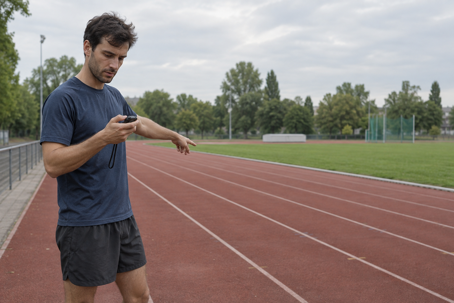 Sports coach checking a stopwatch and pointing along an outdoor running track; illustrative scene