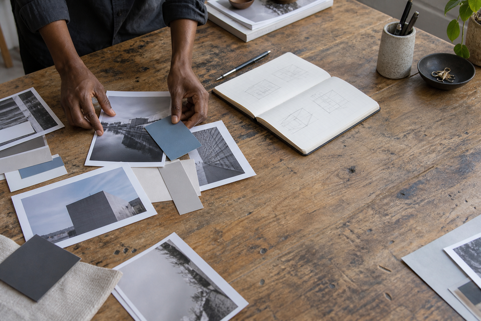 Creative director arranging photo proofs and paper swatches on a worktable; hands-only view; illustrative scene