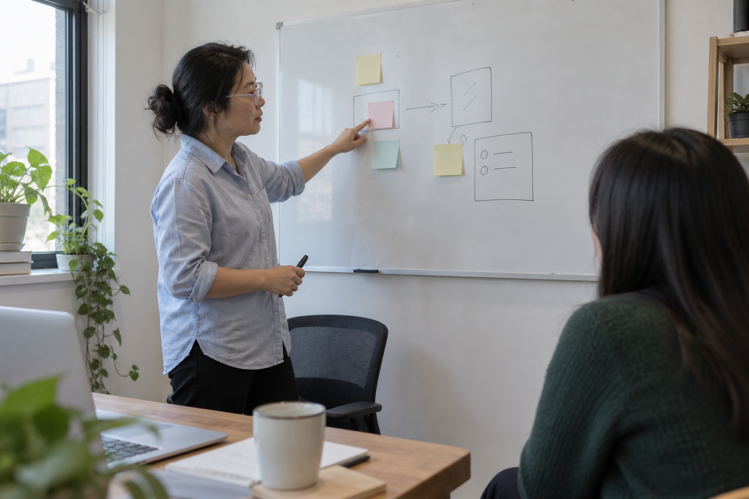Business mentor explaining notes on a whiteboard to a seated participant; illustrative scene