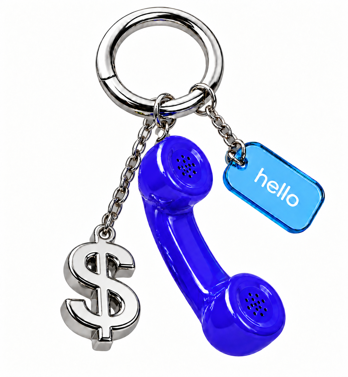 Chrome keyring with a blue telephone, dollar-sign charm, and blue hello tag